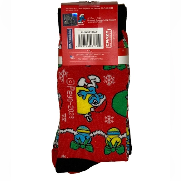 The Smurfs Crew Socks 3 Pair Men 6-13 Green Red Christmas Holiday Papa Smurfette - Picture 2 of 11